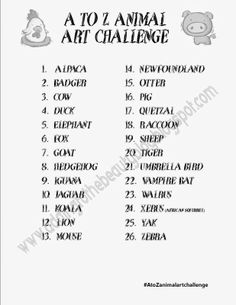 a to z animal art challenge printable worksheet with animals and letters on it