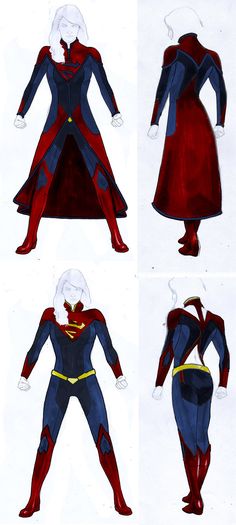 four different views of the costume design for captain america 2, including red and blue