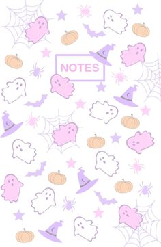 halloween themed notes with ghost, pumpkins and bats in the center on a white background