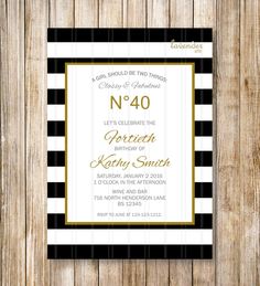 a black and white striped birthday party card with gold foil lettering on the front,