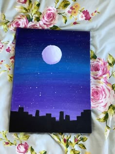 an acrylic painting of a night sky with pink roses on the bed and in the foreground is a full moon