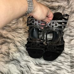 Gorgeous! Worn Once In The Casino Look Brand New! No Scratches On Bottom Etc. Comes With Original Dust Bag. Beautiful Mirrored Heel. Completely Rhinestone Encrusted, None Missing! Literally Perfect!!! Silver Rhinestone Heels, Rhinestone Heels, Salvatore Ferragamo Shoes, Ferragamo Shoes, Silver Rhinestone, Black And Silver, Salvatore Ferragamo, Shoes Women Heels, Black Silver