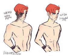 a drawing of a man with red hair and no shirt on, standing in front of the camera