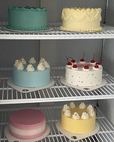 several cakes are on shelves in a refrigerator