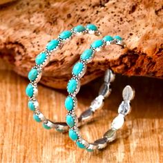 New-Turquoise Tone Silver Hoops. Casual .Western. Cute Earrings ! Gift Idea- New In Package Trendy Turquoise Hoop Earrings As Gift, Turquoise Hoop Jewelry, Turquoise Hoop Earrings, Turquoise Hoops, Beaded Earrings Diy, Earrings Diy, Silver Hoops, Diy Earrings, Cute Earrings