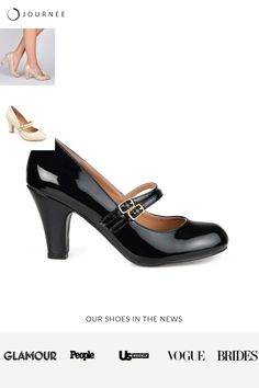 Journee offers the Wendy heel, An elegant round-toe Mary Jane pump featuring glossy faux leather uppers fastened by a dual buckled closure for a coveted midcentury look. They are promised to bring you lasting comfort through out the day. • Round-Toe • Buckled Straps • Padded Footbed • 3 1/4-in Pump Heel • Faux Leather Uppers All measurements are approximate and were taken using a size 6. Please note measurements may vary slightly by size. Formal Mary Janes With 4-inch Heel, Medium Width, Leather Mary Janes With 4-inch Heel And Round Toe, Leather Mary Janes With Medium Width, Closed Toe, Vintage Black High Heel Mary Janes, Black Mary Jane Heels With 4-inch Heel, Pump Heels, Mary Jane Pumps, Journee Collection, Black 7