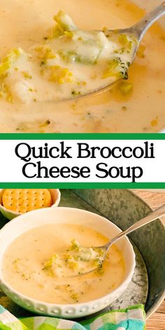 broccoli cheese soup in a bowl with a spoon on the side and an image of