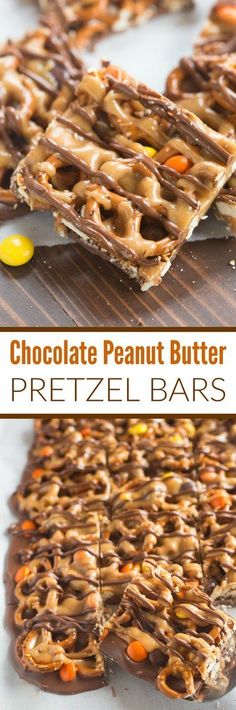 chocolate peanut butter pretzel bars are stacked on top of each other