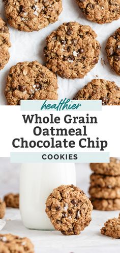 whole grain oatmeal chocolate chip cookies stacked on top of each other with text overlay