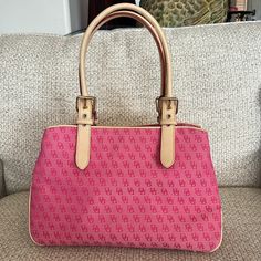 Dooney And Bourke Pink Monogram Handbag Canvas With Leather Trim Pretty Summer Color! Lots Of Compartments To Keep You Organized! Euc With Minor Wear. Has Some Tiny Spots On A Handle See Pics For Measurements. Comes From A Smoke Free Home. Thanks For Stopping By! Monogram Handbag, Pink Monogram, Summer Color, Dooney And Bourke, Dooney & Bourke, Summer Colors, Dooney Bourke, Leather Trim, Leather Trims