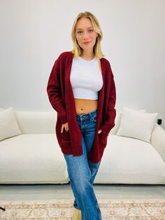 Long style open front cardigan. Material: 49% Polyester, 17% Acrylic, 16% Nylon, 16% Rayon, 2% Spandex Model is 5'3" and wearing a small. Burgundy Cardigan, Long Style, Open Front Cardigan, Front Open, Spandex, How To Wear