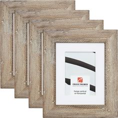 three wooden frames with black and white stripes on them, each holding a square photo