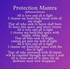 a poem written in white on a purple background with the words protection mantra above it