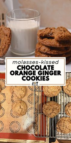 chocolate orange ginger cookies are cooling on the rack and next to a glass of milk