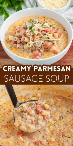 creamy parmesan sausage soup in a white bowl