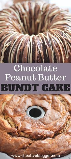 chocolate peanut butter bundt cake on a plate with the words, chocolate peanut butter bundt cake