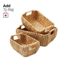 three woven baskets sitting next to each other