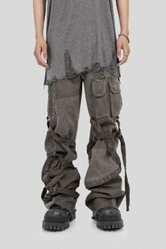 UNDERWATER Scavenger Heavyduty Multi-Pockets Striped Cargo | PROJECTISR US Urban Wear Streetwear, Apocalyptic Fashion Mens, Dystopian Fashion Men, Male Layered Outfit, Post Apocalyptic Pants, Apocalyptic Clothing Men, Apocolypse Fashion Male, Post Apocalyptic Outfit Male, Ragged Clothes