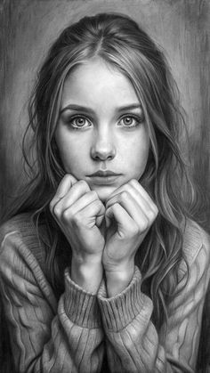 a pencil drawing of a girl with her hands on her chin and looking at the camera