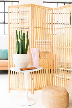 a room divider made out of bamboo sticks with a plant in the center and other furniture around it