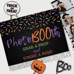 halloween photo booth sign with sprinkles on it and photos in the background