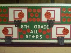 a bulletin board with basketballs on it and the words 8th grade all stars