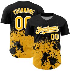 Custom Black Gold-White 3D Pattern Design Abstract Splash Grunge Art Authentic Baseball Jersey Customizable Black Baseball Jersey For Team Events, Customizable Black Baseball Jersey For Sports Events, Customizable Black Baseball Jersey With Letter Print, Customizable Black Baseball Jersey With Collar, Customizable Jersey With Baseball Collar For Streetwear, Black Sublimation Design With Baseball Collar For Baseball Season, Custom Black Short Sleeve Baseball Jersey, Customizable Short Sleeve Black Baseball Jersey, Black Sublimation T-shirt With Baseball Graphic