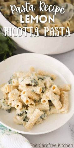 pasta with spinach and lemon in a white bowl