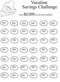 the printable vacation savings challenge for $ 2, 000 is shown in black and white