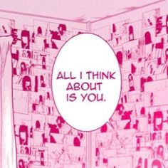 an image of a pink room with pictures on the wall and text that says, all i think about is you