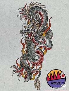 a drawing of a dragon with red and yellow flames on it's back side