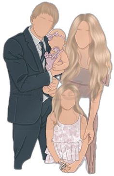 a man in a suit holding a baby and standing next to a woman with long blonde hair