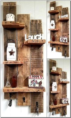 two wooden shelves with various items on them, one is made out of pallet wood