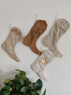 three pairs of baby's booties hanging on the wall next to a potted plant