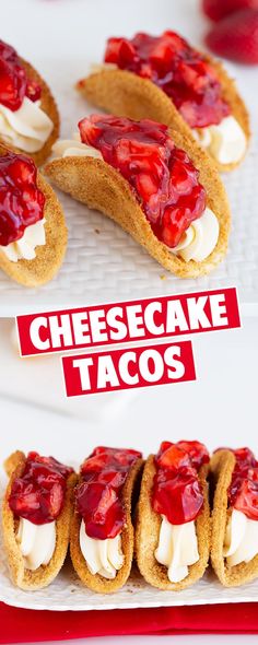 there are several desserts on the plate and one has cheesecake tacos in it