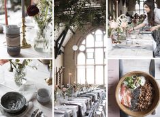 a collage of photos with flowers, plates and vases on the table in front of windows