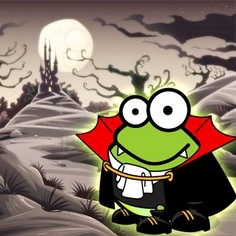 a cartoon frog dressed as dracula in front of a full moon