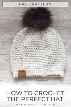 a crochet hat with a pom - pom on top and text overlay