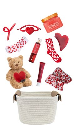 an assortment of items including a teddy bear, lipstick, gloves and other accessories are arranged in the shape of a basket