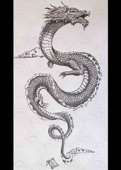 a black and white drawing of a dragon with its tail curled up in the air