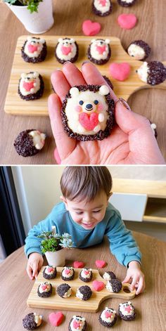 two pictures show the process of making cupcakes with icing and hearts on them