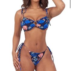 Blue Floral Blue Tropical Print Tie-side Swimwear, Blue Tropical Print Swimwear With Tie-side Bottom, High Waisted Swim Bottoms, Floral Two Piece, Striped Two Piece, Swimsuit Pattern, Reversible Bikinis, Creative Ideas, Blue Floral