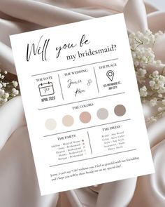 a wedding card with the words will you be my bridesmaid? on it