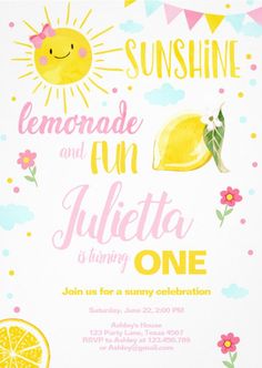 a lemonade and an orange birthday party card with the words sunshine, lemonade and an