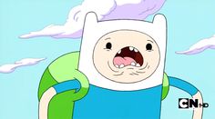 an animated image of finn from adventure time, with clouds in the sky behind him