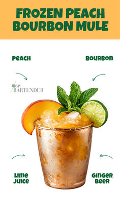 Frozen Peach Bourbon Mule Mule Cocktail Recipes, Peach Bourbon Cocktail, Frosty Cocktail, Mule Variations, Bourbon Mule, Boozy Cocktails, Peach Bourbon, Ginger Beer Cocktail, Derby Party Food