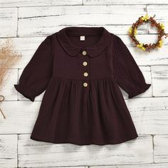 Girls Solid Lapel Button Pleated Long Sleeve Dress - PrettyKid Cotton Button-up Solid Color Dresses, Brown Cotton Button-up Dress, Brown Long Sleeve Dress With Buttons, Cute Cotton Button-up Dress, Cute Button-up Cotton Dresses, Solid Buttoned Dresses For Fall, Buttoned Dresses For Fall, Fall Solid Color Buttoned Dresses, Solid Fall Dress With Buttons