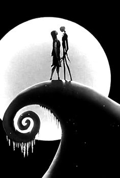 two people standing on top of a wave in front of a full moon with icicles