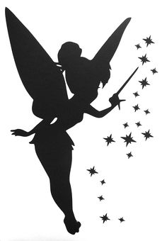 a black and white silhouette of a fairy with stars in her hair, holding a wand