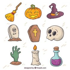 various halloween items in hand drawn style